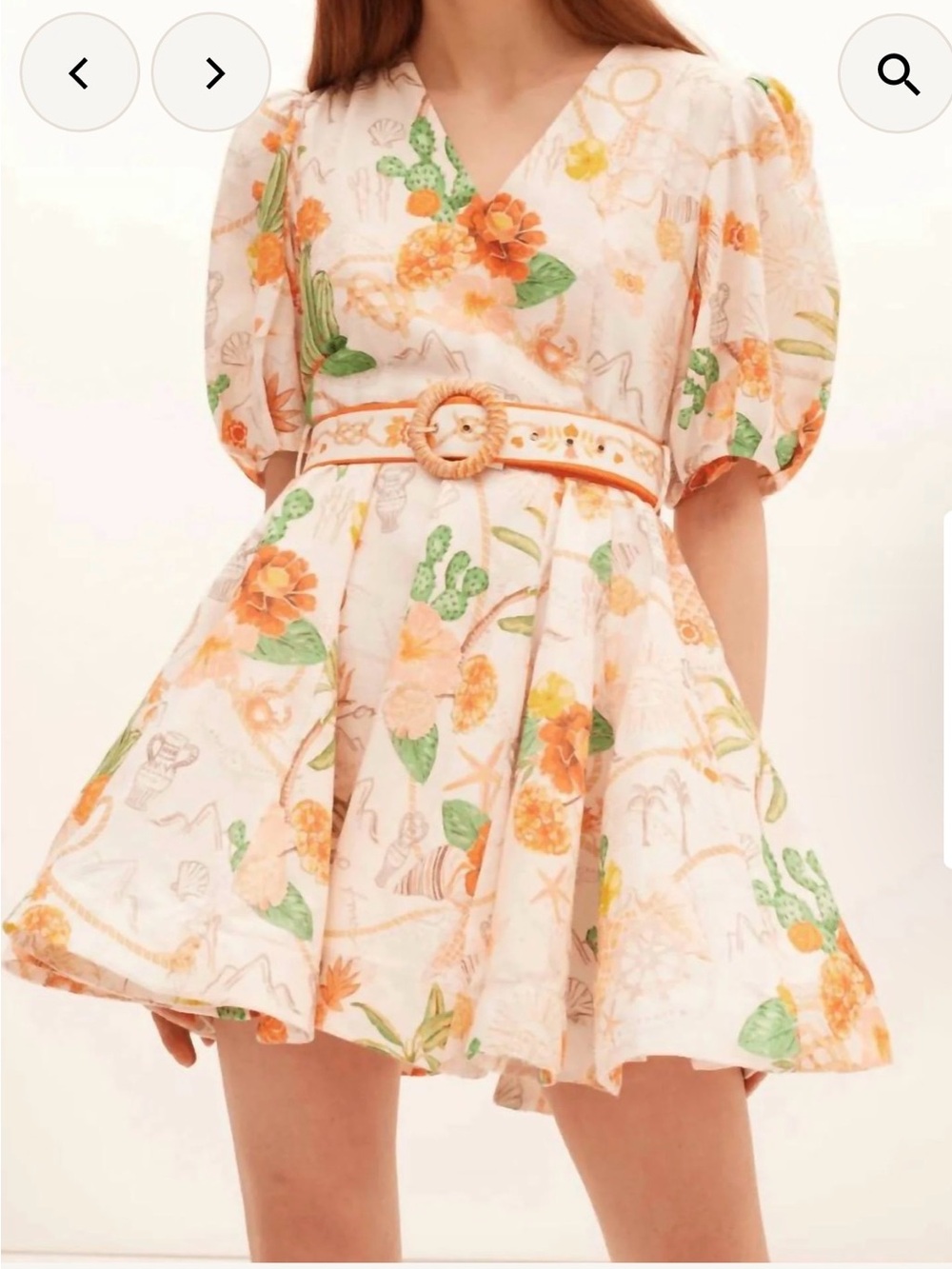 Floral Puff-Sleeve Mini Dress in Peach & Green